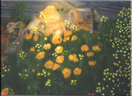 Blumenwiese am Felsen , Oel auf Leinwand, 50x60